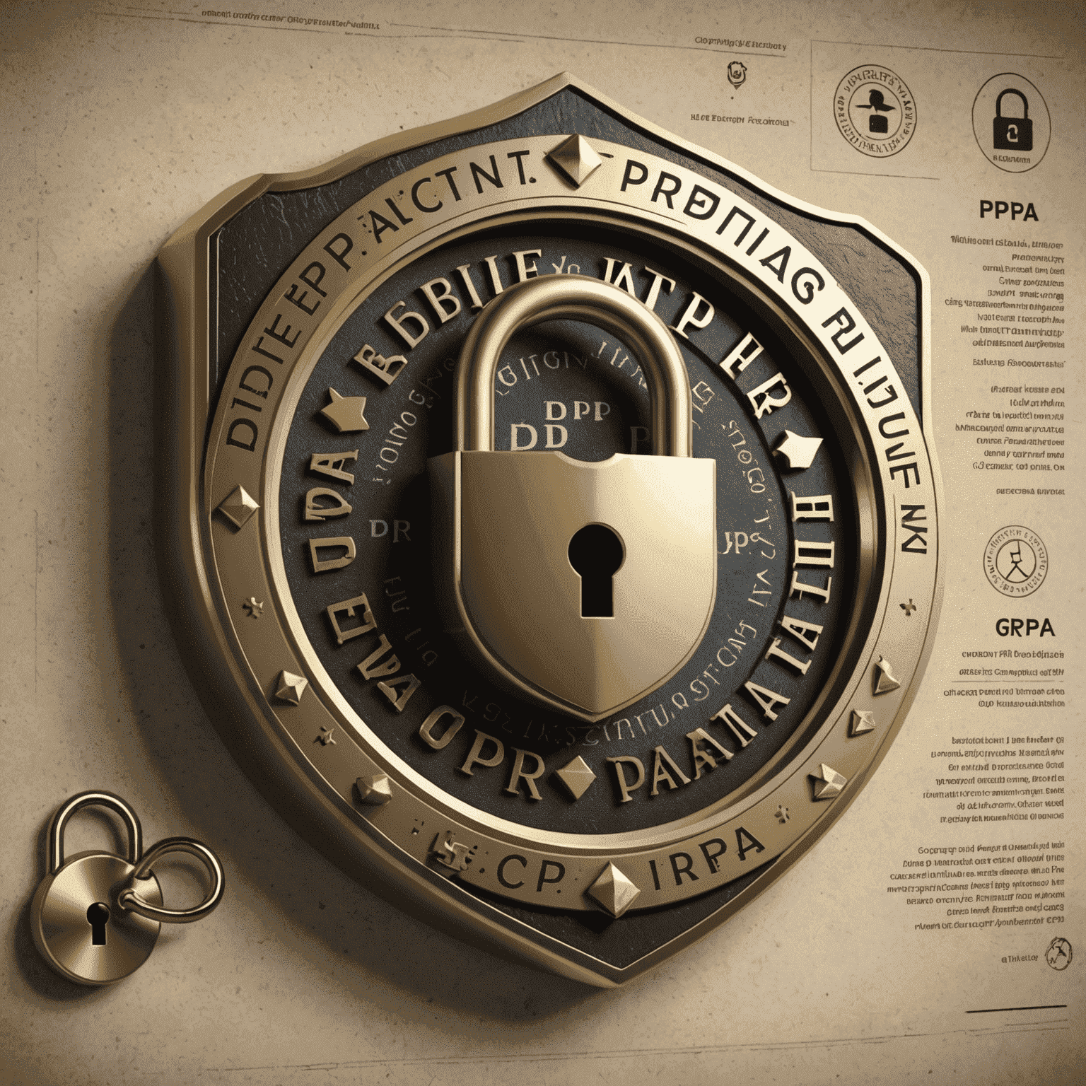 An image representing various data privacy regulations, such as GDPR, CCPA, and HIPAA, with symbols of a lock, shield, and document.