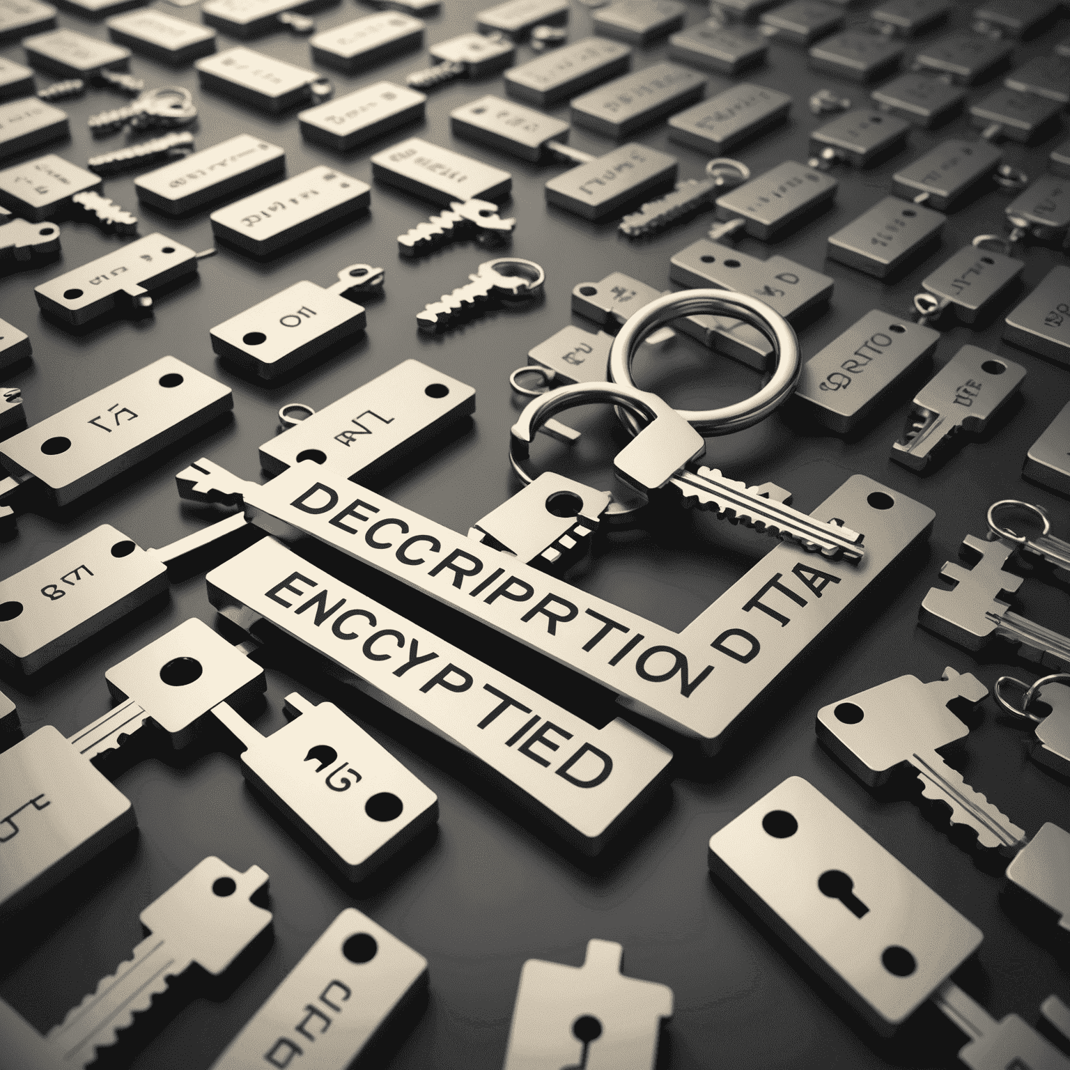 An illustration depicting the concept of data encryption, showing scrambled text being decrypted with a key.