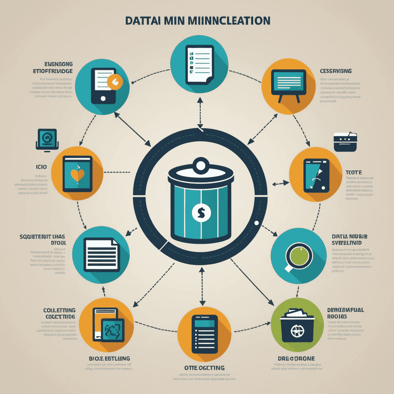 Infographic illustrating the concept of data minimization, showing icons representing data collection, storage, and disposal, with emphasis on collecting only necessary data and securely deleting it when no longer needed