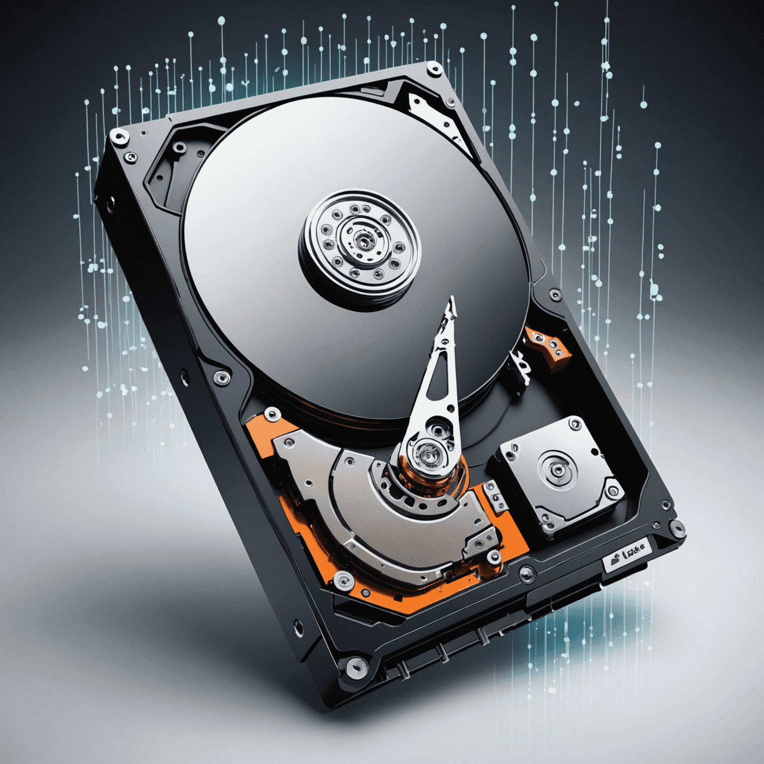 Illustration of a computer hard drive being securely erased, with binary code disappearing from the drive to represent the permanent deletion of data