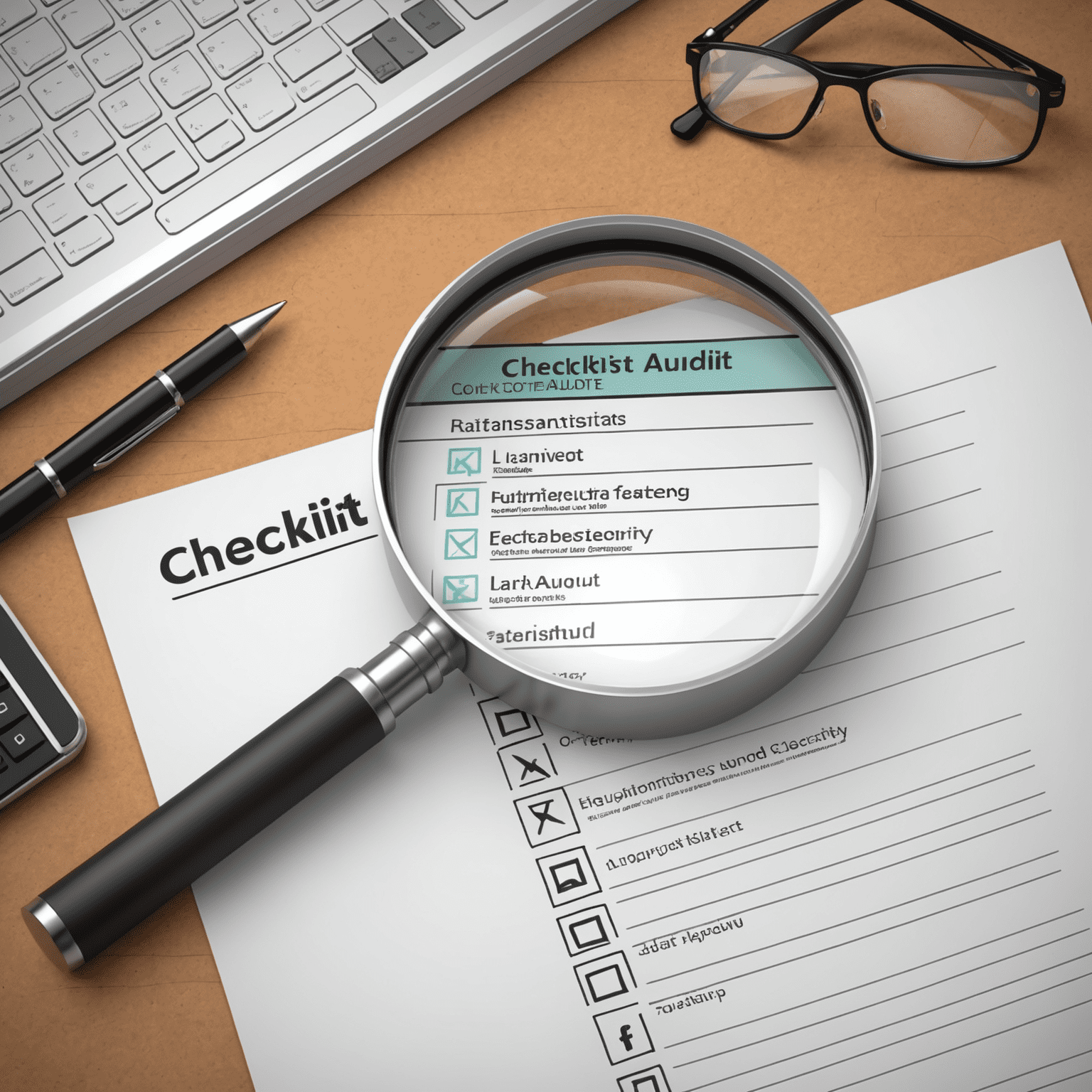 An illustration depicting a magnifying glass examining a checklist, symbolizing the process of conducting a data security audit.