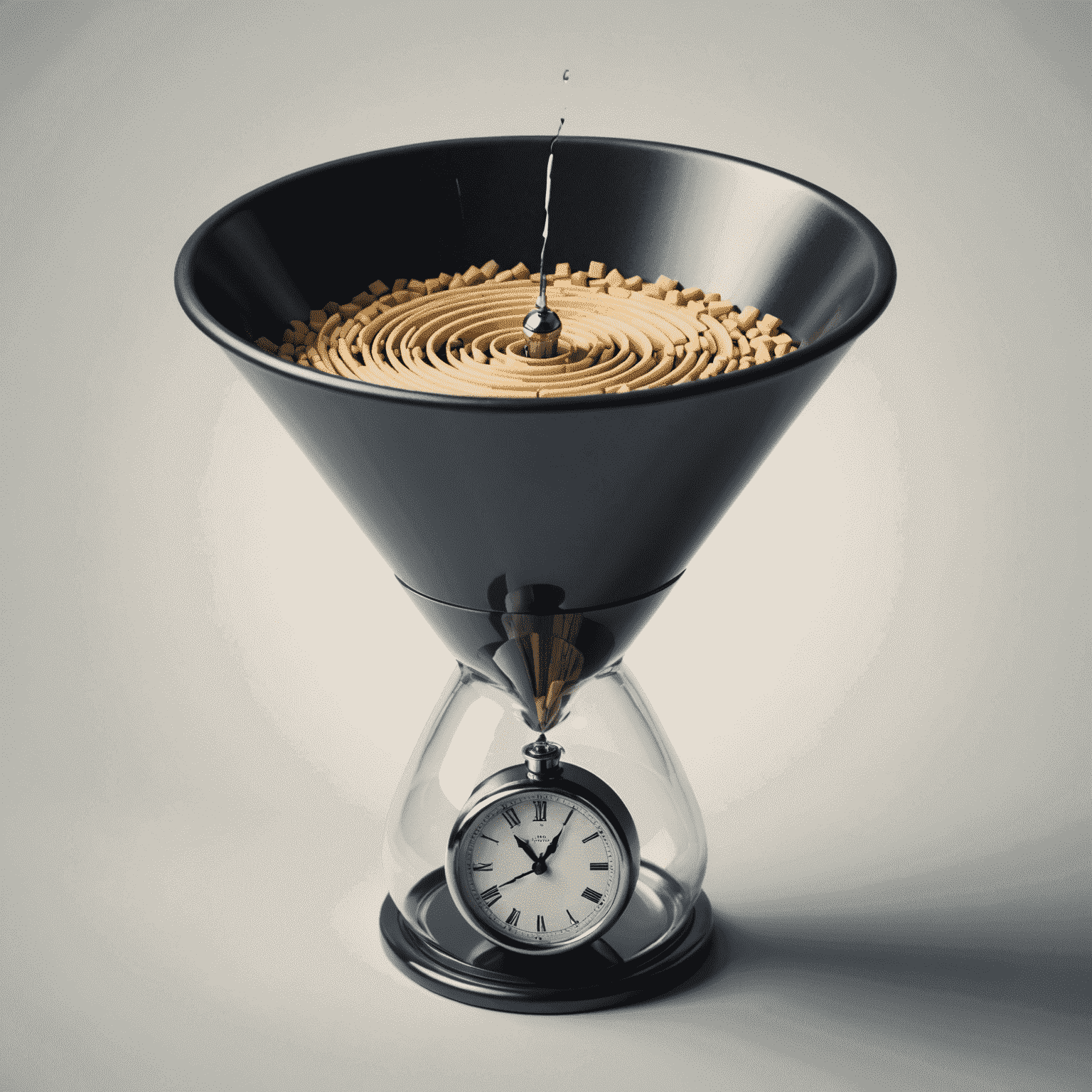 An image symbolizing data minimization principles, with a funnel filtering out unnecessary data and a clock representing limited data retention periods.